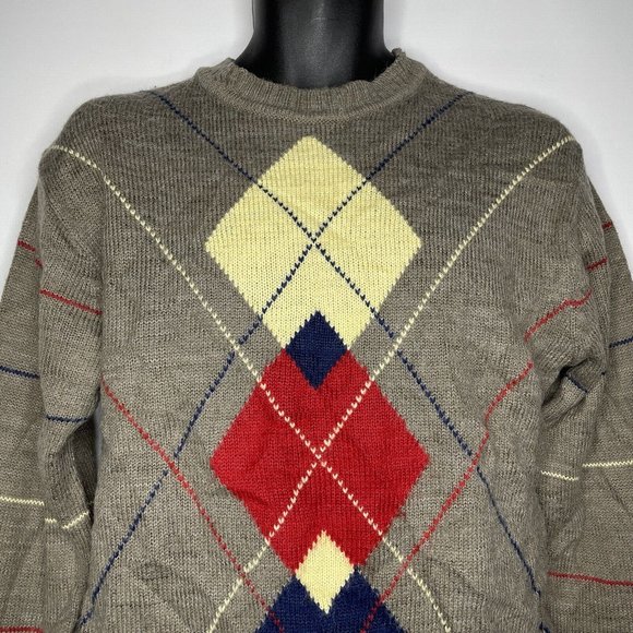 Vintage 70s Bruce Jenner Sports In Motion Taupe Brown Argyle Sweater - Picture 2 of 7